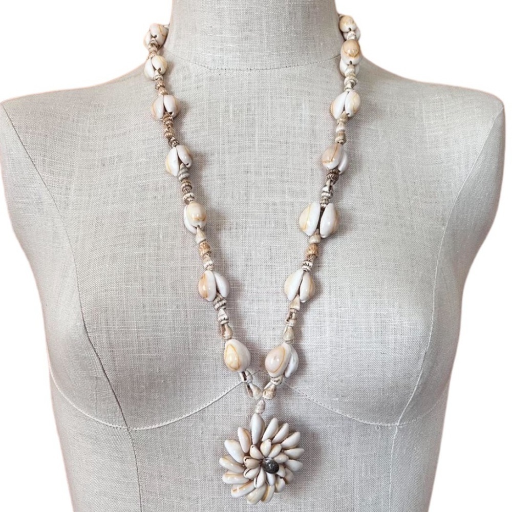 Vintage Cowrie Cluster Pendant and String Sea Shell Necklace Beach Coastal Boho
